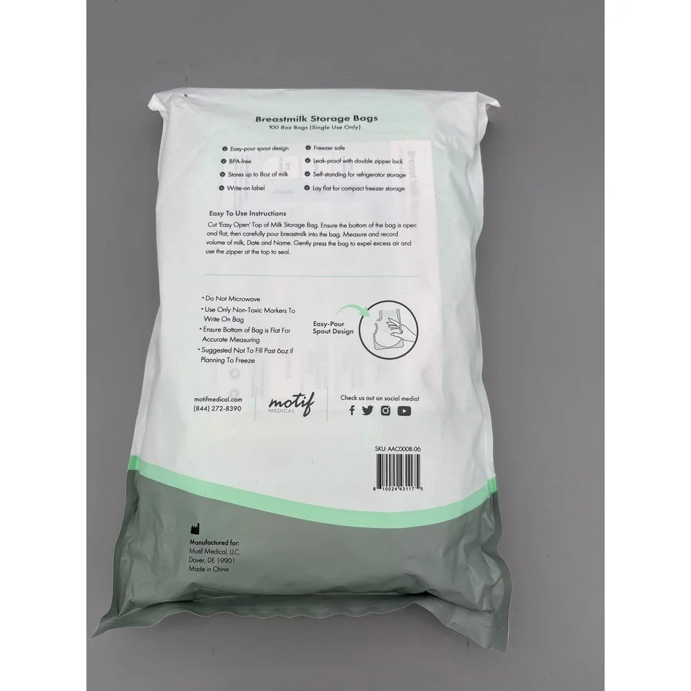 Motif Breastmilk Storage Bag 100 Ct 8 oz BPA Free Leak Proof Easy Pour Single